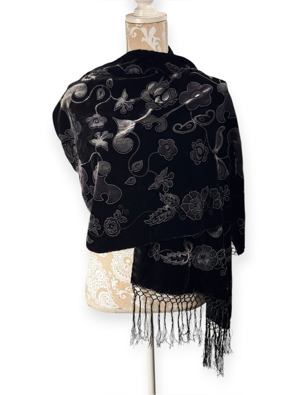 100% Silk Velvet Floral Burnout Scarf Black Fringe Whimsigoth Evening Wrap Witch